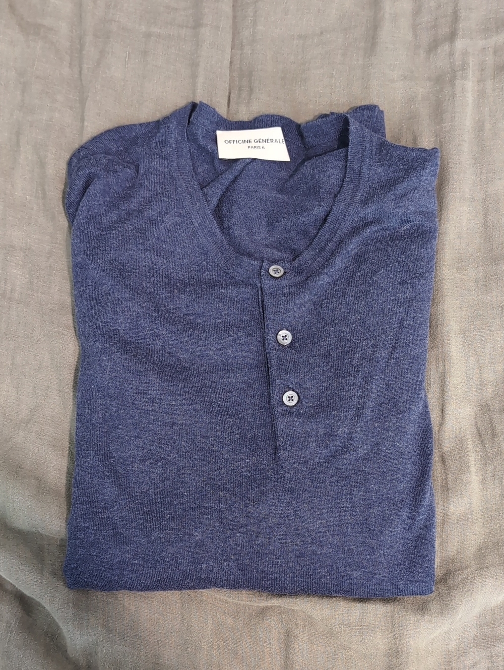 Officine Generale Navy Blue Henley-Style Crewneck Sweater